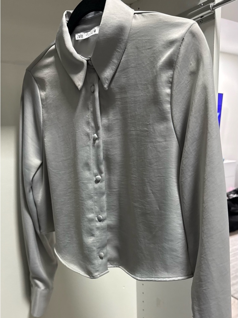 Zara Light Gray Button-Front Silk-Look Blouse